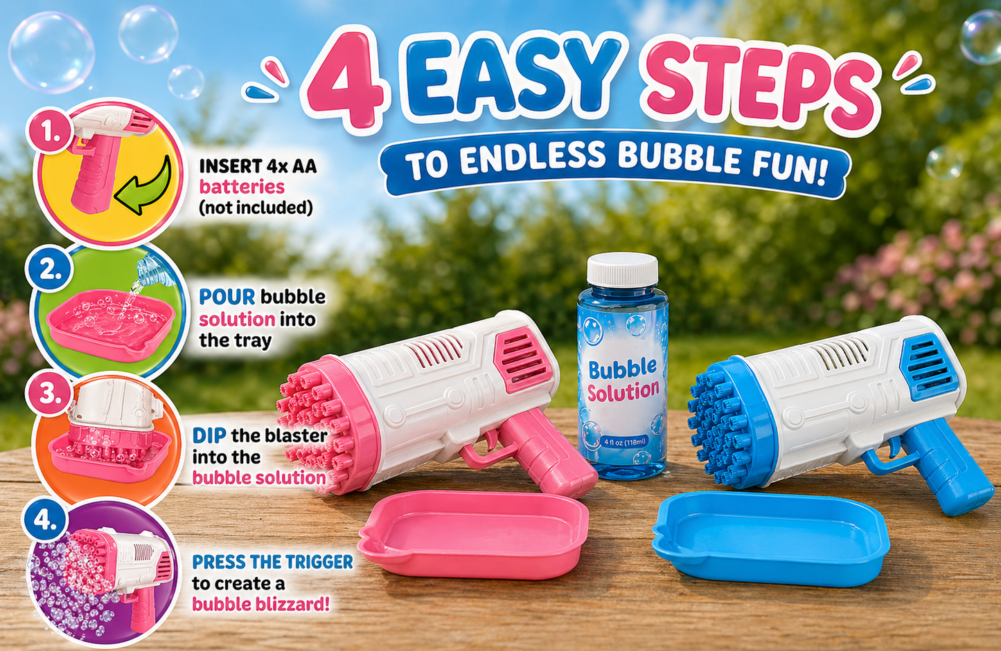 Light-Up Bubble Maker Blaster with Bubble Solution (2 Pack)
