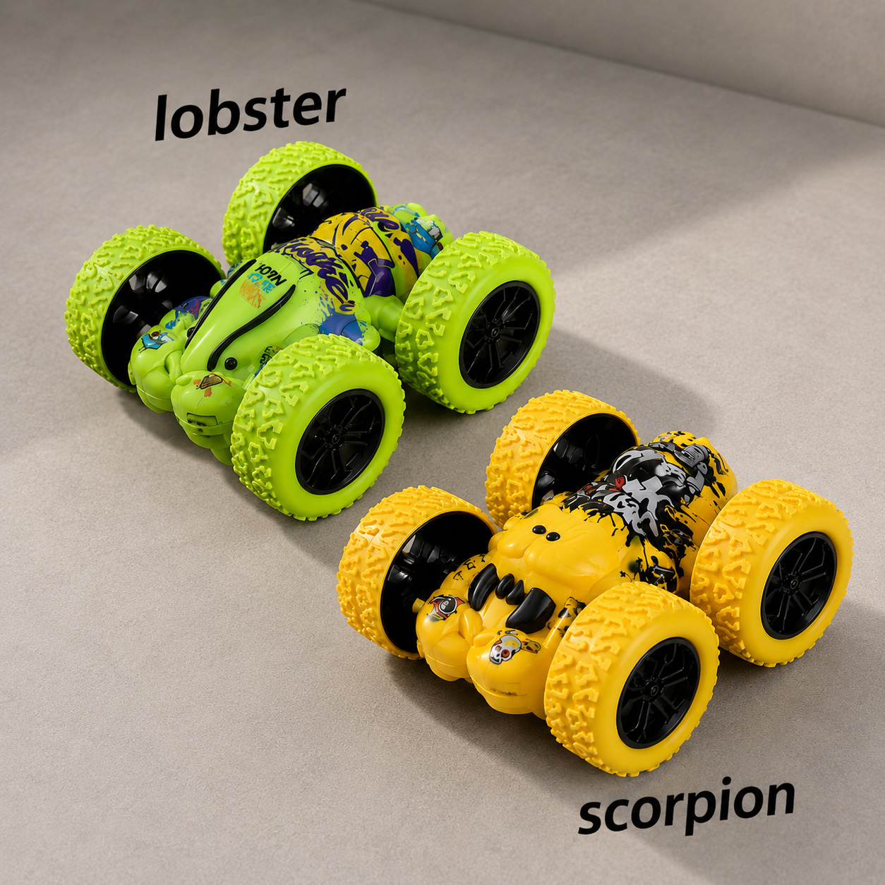 Double sided stunt toy car, Lobster or Scorpio (2 pack)